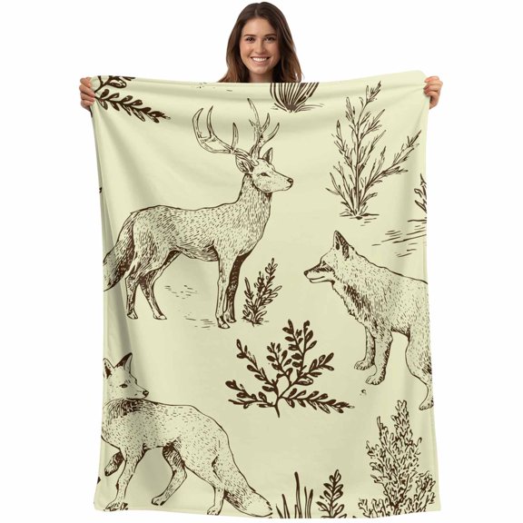 Vintage Elk Fox Blanket Soft Cozy Warm Twin Blanket for Bed, Plush Fuzzy Flannel Fleece Blankets for Sofa, Rustic Yellow Simple Drawn Grass Throw Blankets for Couch, Lightweight Gifts, 60"x80"