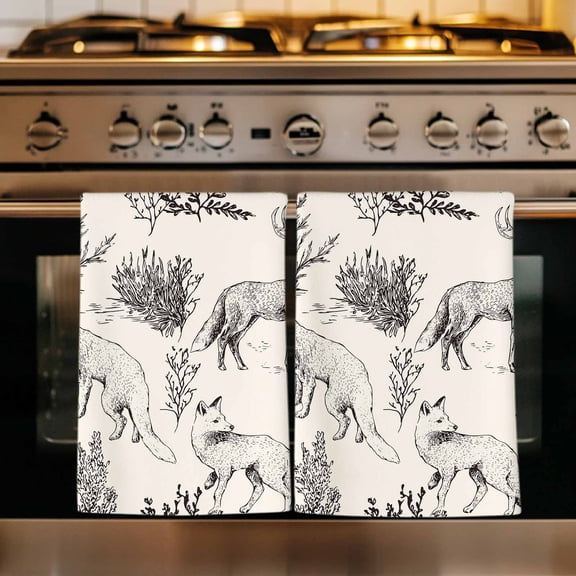 Vintage Elk Fox Kitchen Towels Set of 1, Rustic Beige Simple Drawn Grass Absorbent Dish Towels for Kitchen, Microfiber Hand Towel, Quick Drying Tea Towel for Cleaning Decorative Dishcloths