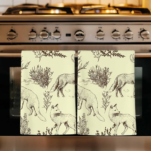 Vintage Elk Fox Kitchen Towels Set of 1, Rustic Yellow Simple Drawn Grass Absorbent Dish Towels for Kitchen, Microfiber Hand Towel, Quick Drying Tea Towel for Cleaning Decorative Dishcloths