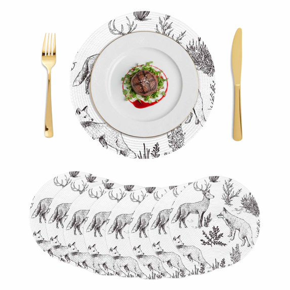 Vintage Elk Fox Round 15 Inch Placemats Set of 8, Rustic Black White Simple Drawn Grass HeatResistant Non Slip Place Mats for Dining Table, Wipeable Braided Kitchen Table Mats for Housewarming
