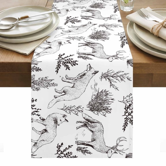 Vintage Elk Fox Table Runner Rustic Black White Simple Drawn Grass Tablerunners 13 x 60 Inch, Table Decorations Tabletop Scarf for Summer Gathering Holiday Farmhouse Kitchen Dining Decor