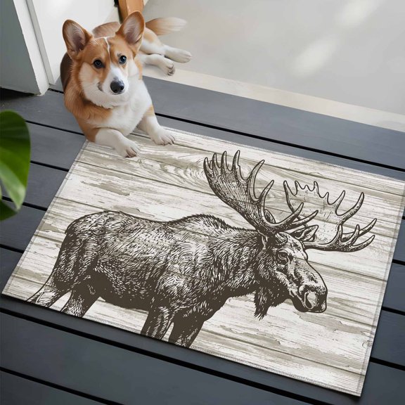 Vintage Elk Front Door Rugs 2x3 ft Animal Countryside Retro Wood Grain Small Rug for Entryway Non Slip Washable Bathroom Door Mat Absorbent Floor Mat for Indoor Entrance