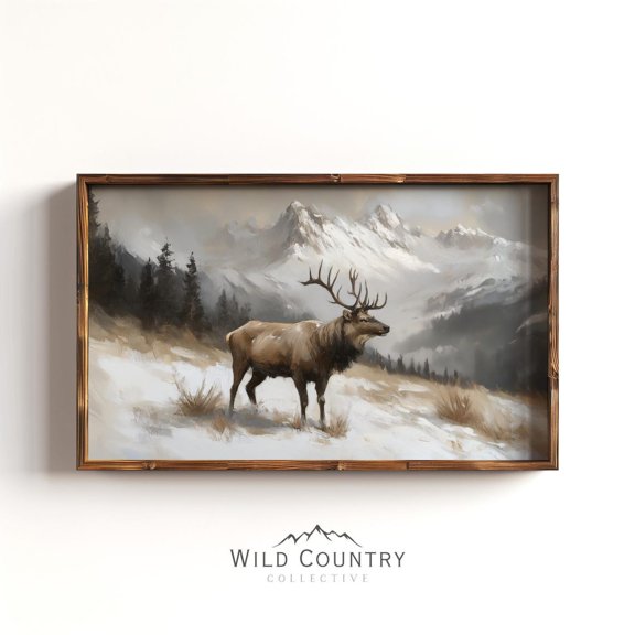 Vintage Elk Snow Capped Mountain Den Hunting Poster