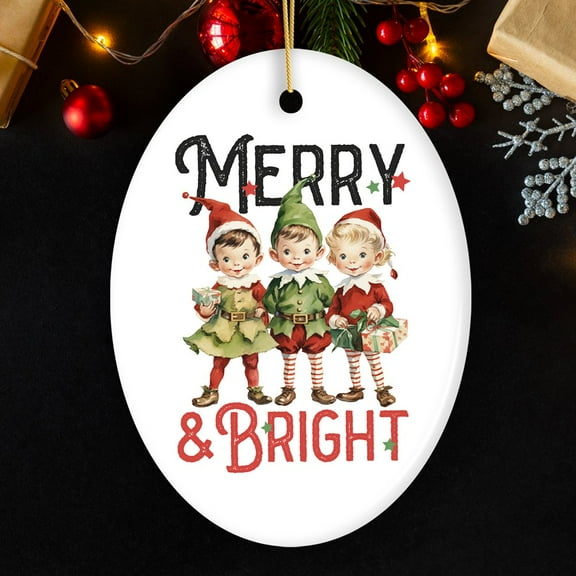 Vintage Elves Merry & Bright Christmas Ornament, Retro Ceramic Tree Decoration