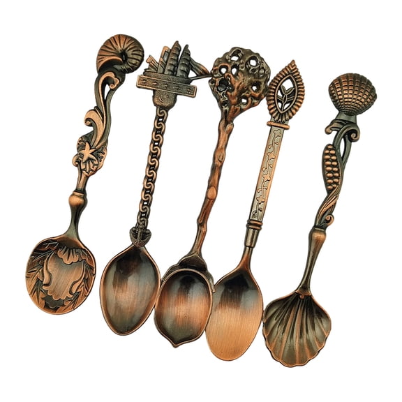 Vintage Embossed Alloy 5Pcs Spoon Set Antique Relief Kitchen Utensils For Elegant Dining & Restaurant Use