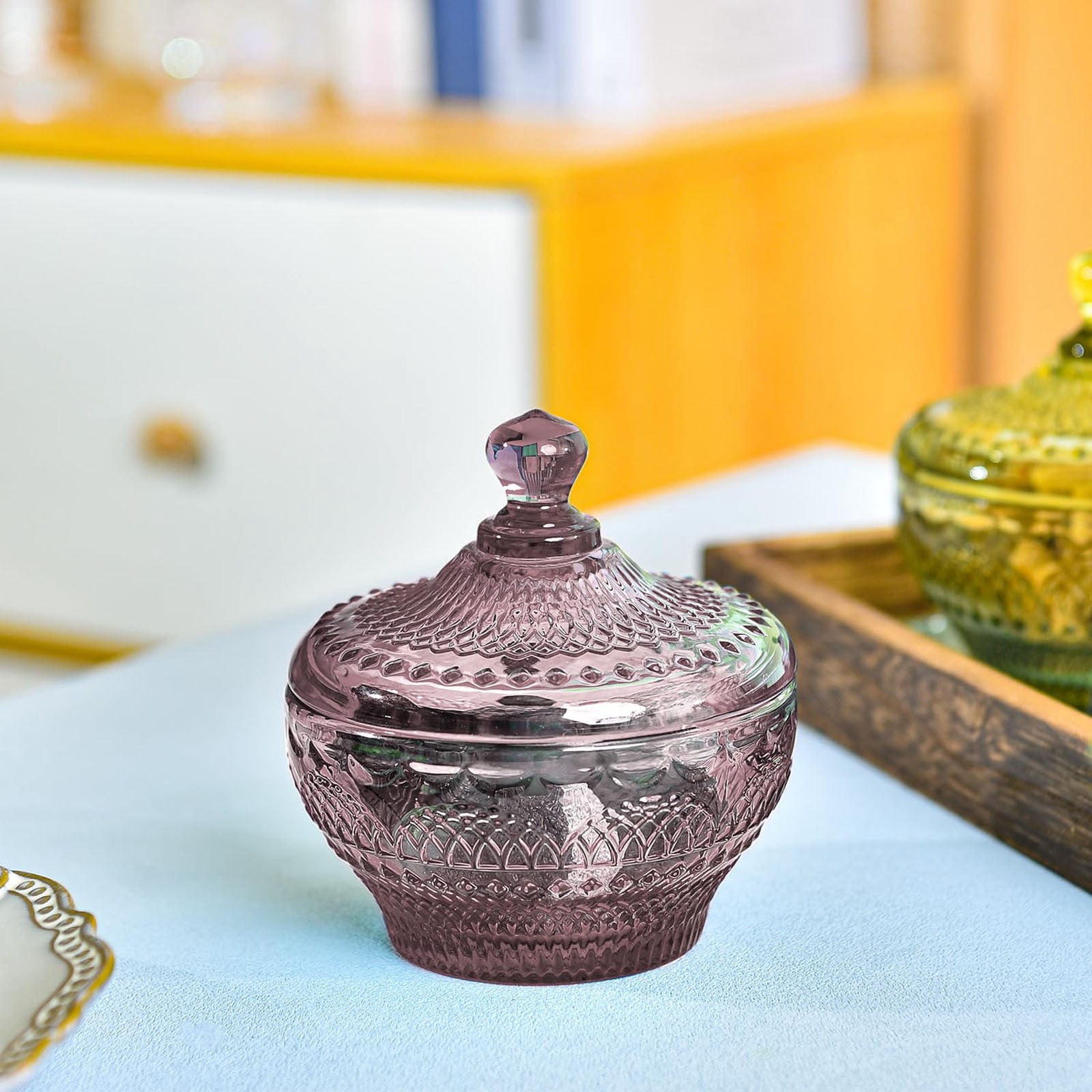 Vintage Embossed Glass Candy Storage Jars w/Lid, Small Decorative