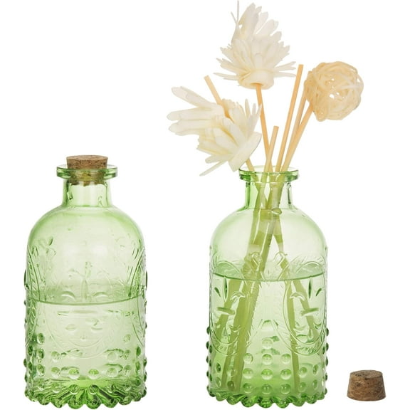 Vintage Embossed Green Glass Small Reed Diffuser Bottle with Cork Lid, Decorative Flower Bud Vase, Set of 2