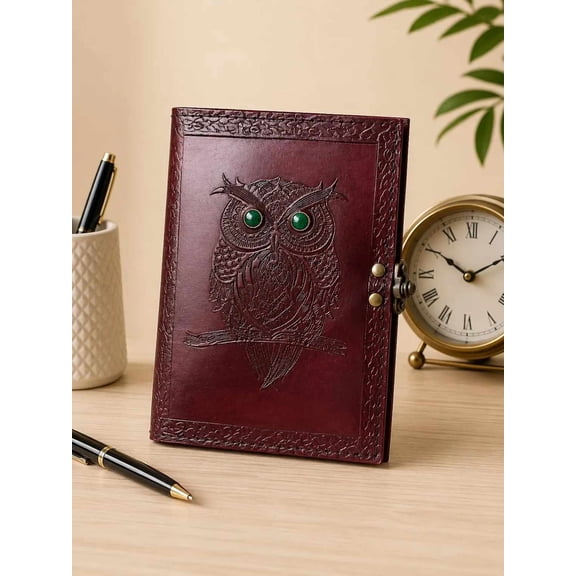 Vintage Embossed Owl Leather Journal, Burgundy Writing Notebook with Green Stone Eyes, 7 x 5 Inch, 200 Pages