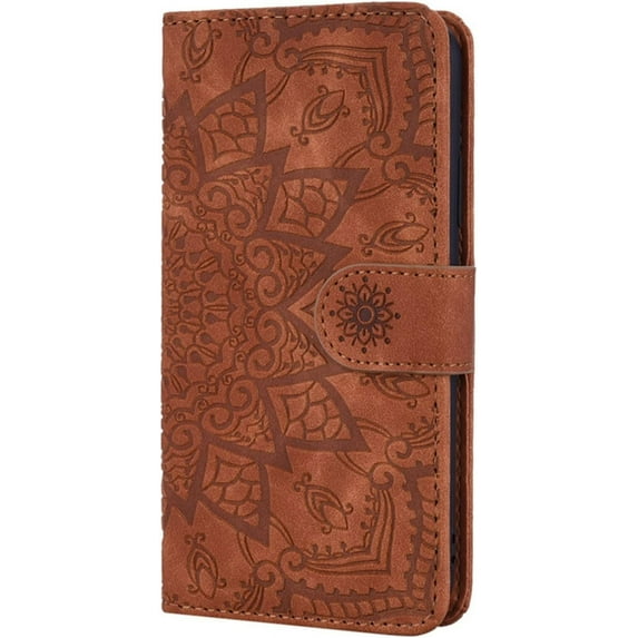 Vintage Embossed Patterns Wallet Phone Case Card Slot Holder Function for iPhone 14 12 13 11 Pro Max Mini 7 8 14 Plus SE XS XR, Sunflower Pattern Leather Cover(Brown,iPhone 13)