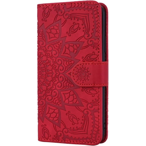 Vintage Embossed Patterns Wallet Phone Case Card Slot Holder Function for iPhone 14 12 13 11 Pro Max Mini 7 8 14 Plus SE XS XR, Sunflower Pattern Leather Cover(Red,iPhone 13 Pro Max)