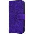 thumbnail image 1 of Vintage Embossed Patterns Wallet Phone Case Card Slot Holder Function for iPhone 14 12 13 11 Pro Max Mini 7 8 14 Plus SE XS XR, Sunflower Pattern Leather Cover(Purple,iPhone 13), 1 of 7