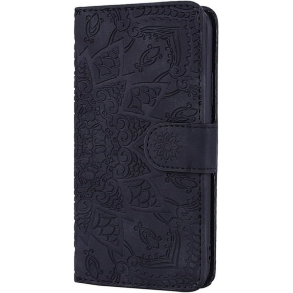 Vintage Embossed Patterns Wallet Phone Case Card Slot Holder Function for iPhone 14 12 13 11 Pro Max Mini 7 8 14 Plus SE XS XR, Sunflower Pattern Leather Cover(Black,iPhone 14 Pro)
