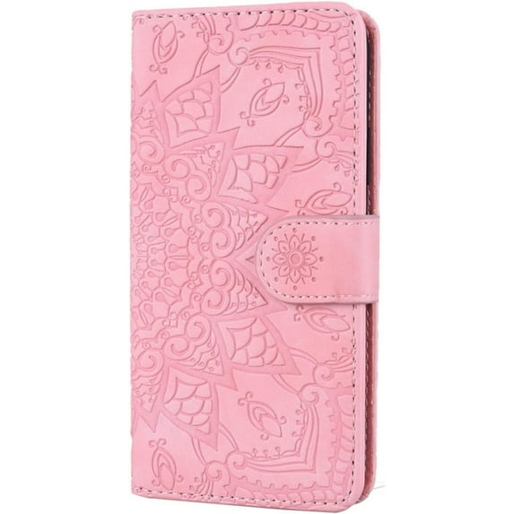 Vintage Embossed Patterns Wallet Phone Case Card Slot Holder Function for iPhone 14 12 13 11 Pro Max Mini 7 8 14 Plus SE XS XR, Sunflower Pattern Leather Cover(Pink,iPhone 13 Pro Max)