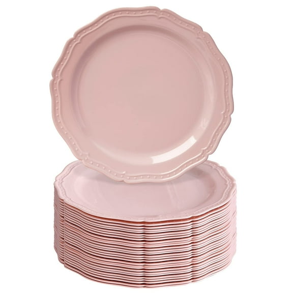Vintage Embossed Plastic Dinner Plates for AFN1Party (20 Heavy Duty Disposable Dinner Set 10.25", Fine China Look Dishes, Perfect for Baby Showers, Weddings etc. - Blush - CountrySide Collection
