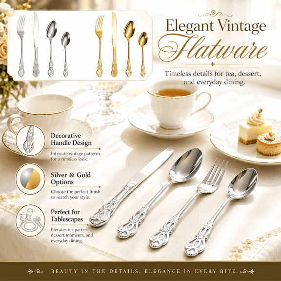 Vintage Embossed Stainless Steel Flatware Set, 4pcs Carved Silver or Gold Knife Fork and Spoon Tableware for Wedding, Restaurant, Dinner Party and Elegant Home Dining Service, Gold