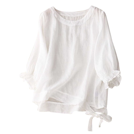 Vintage Embroidered Blouse Tops for Women's Cotton Linen Button Short Sleeve Shirts Summer Loose Crew Neck Casual Boho Top Lightweight Comfy T-Shirt