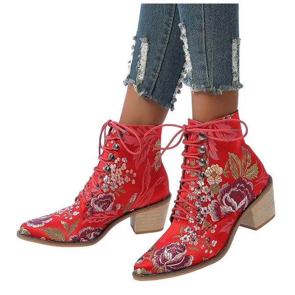 Vintage Embroidered Combat Boots for Women Ladies Ethnic Floral Pointed Toe Chunky Heeled Dress Ankle Booties
