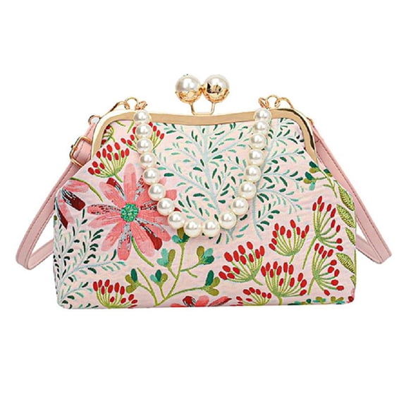 Vintage Embroidered Flower Handbag Evening Purse Retro Pearls Chain Crossbody Bag Casual Shoulder Bag for Women