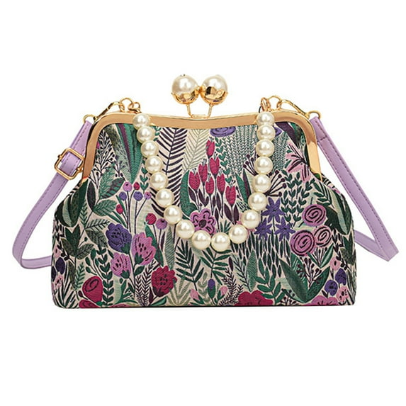 Vintage Embroidered Flower Handbag with Pearls Chain Traditional Styles Shoulder Bag Casual Crossbody Purse for Women
