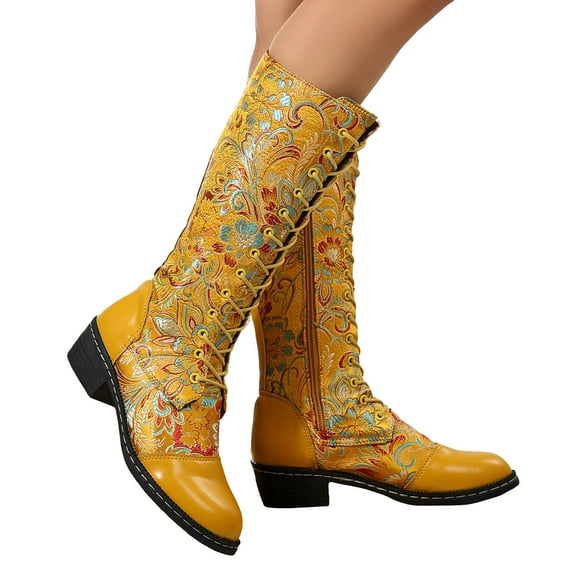Vintage Embroidered Mid Calf Combat Boots for Women 2025 Retro Leather Low Heel Knee High Tall Dress Boots Yellow Size 6.5