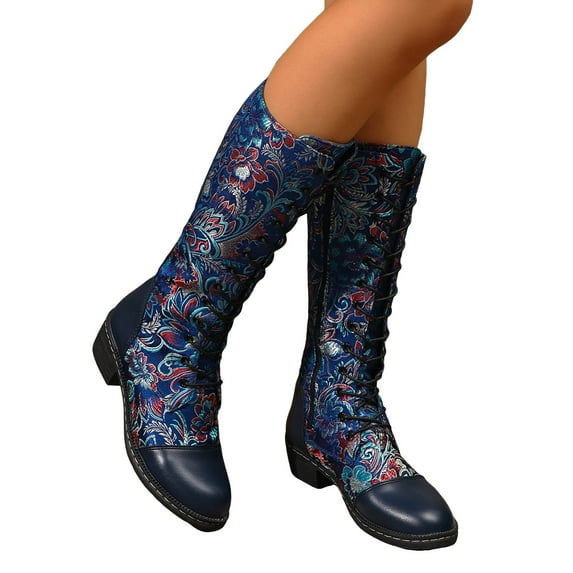 Vintage Embroidered Mid Calf Combat Boots for Women 2025 Retro Leather Low Heel Knee High Tall Dress Boots Blue Size 8.5