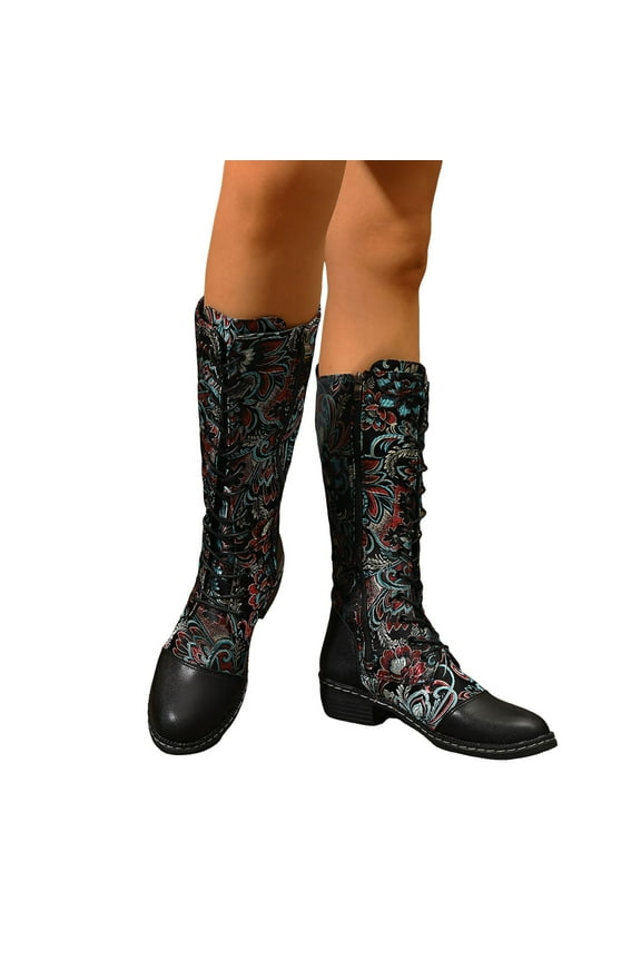 Vintage Embroidered Mid Calf Combat Boots for Women 2025 Retro Leather Low Heel Knee High Tall Dress Boots Black Size 6
