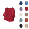 thumbnail image 1 of Vintage Embroidered T Shirts for Women 2026 Summer Casual Elbow Sleeve Cotton Linen Crewneck Lightweight Tee Shirt, 1 of 3