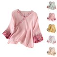 thumbnail image 1 of Vintage Embroidered T Shirts for Women 2026 Summer Casual Elbow Sleeve V Neck Cotton Linen Tee Shirt, 1 of 4