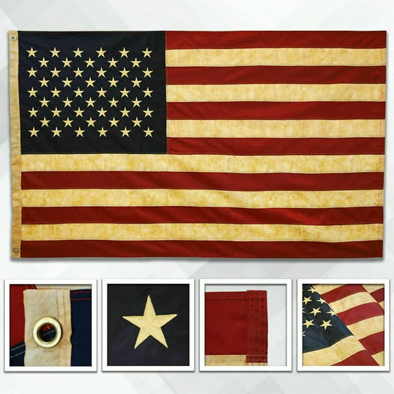 Vintage Embroidered TEA STAINED USA Flag 3x5ft Aged American House Flag 3' x 5'