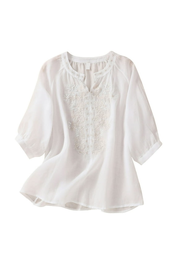 Vintage Embroidered V Neck Tops for Women Loose Fit Boho Peasant Blouse 2025 Summer Casual Half Sleeve Tshirts