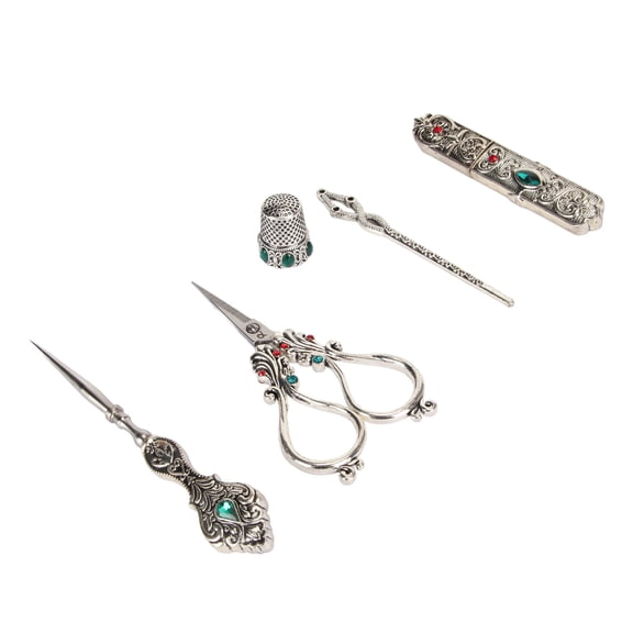 Vintage Embroidery Scissors Kit 5pcs Alloy Thread Sewing Shears for Needlework DIY Craft, Antique Silver (8.3 in / 21.0 cm)