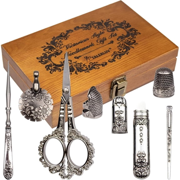 Vintage Embroidery Scissors Kit, Victorian Needlework Gift Set with Antique Shear, Thread Cutter, Thimbles, Needles, Awl, Bodkin, Winding Board for Sewing, Knitting, Cross Stitch, Quilting
