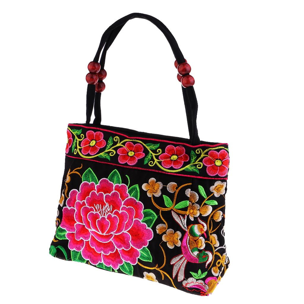 Ethnic Embroidered Flower Handbag - Purple Vintage Tote With Zipper, Small Shoulder Bag For Casual Use
