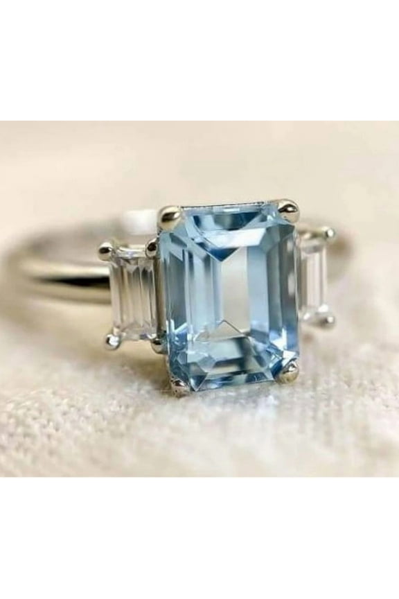 Vintage Emerald Cut Aquamarine Engagement Ring,925Silver Baguette Moissanite Band,March Birthstone Wedding Ring,Antique Jewelry,Promise Gift