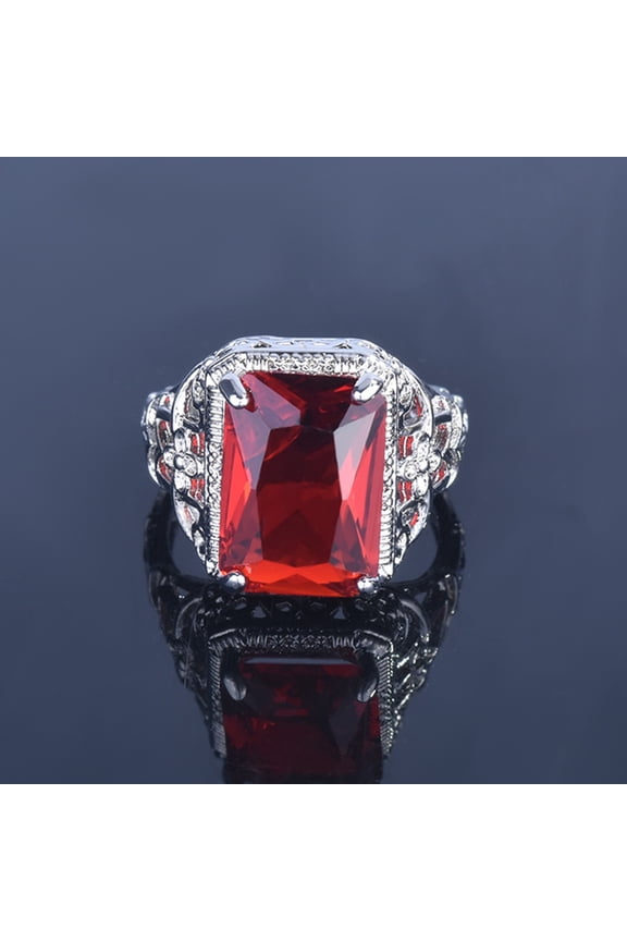 Vintage Emerald Cut Created Red Ruby Sterling Silver Promise Wedding Engagement Ring for Women(9)