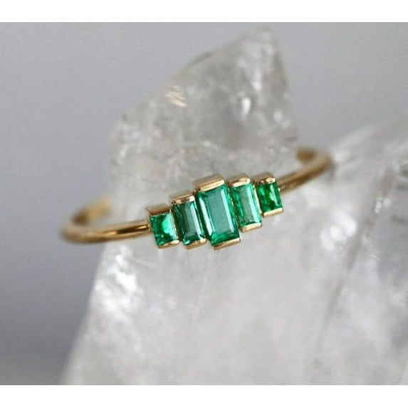 Vintage Emerald Engagement Ring | baguette Emerald Ring Women | Green Gemstone Solitaire Ring | Simple Statement Ring