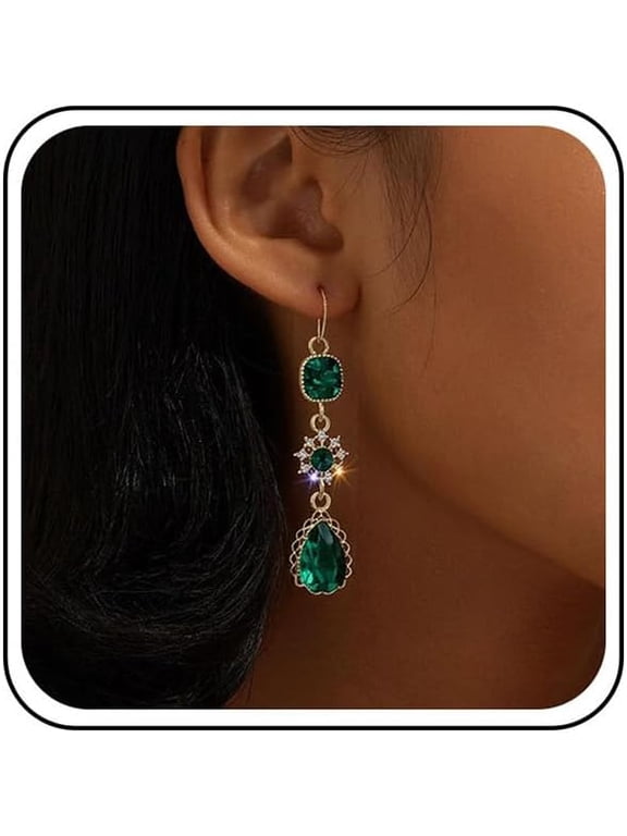 Vintage Emerald Green Crystal Earrings Gold Teardrop Emerald Earring Wedding Long Crystal Earring Cz Droplet Earrings Green Chandelier Drop Earrings Jewelry for Women