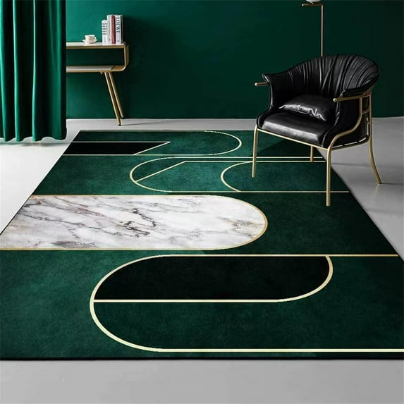 Vintage Emerald Green Marble Area Rug, Abstract Geometric Golden Stripes Indoor Non-Slip Rugs, Machine Washable Breathable Durable Carpet for Front Entrance Floor Decor-5x7ft