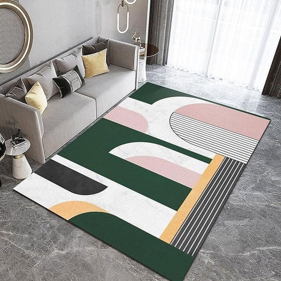 Vintage Emerald Green Pink Medieval Style Area Rug, Nordic Geometry Bohemian Irregular Large Rugs, With Anti-Slip Backing Washable Indoor Carpet For Living Room Study Dining Room 5 x 6ft