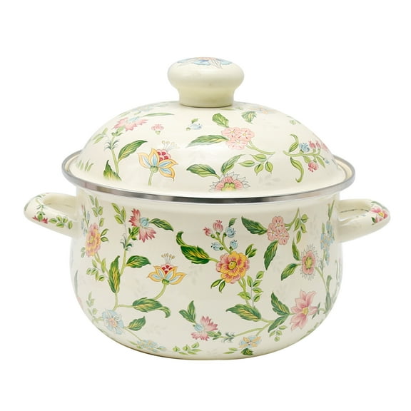 Vintage Enamel Cooking Pot with Lid, 2.8 Quart Green Floral Simmer Pot Saucepan with Dual Handles, Retro Cooking Pot for Gas Electric Stovetop