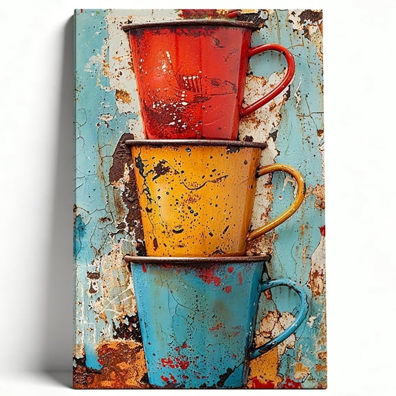 Vintage Enamel Mug Stack Canvas Wall Art, Rustic Industrial Kitchen Decor, Framed Shabby Chic Colorful Cups Print, Distressed Metal-Look Still Life for Dining Room 8*12inch(20*30cm)