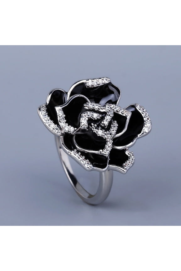 Vintage Enamel Ring For Women Black Flower Design Elegant