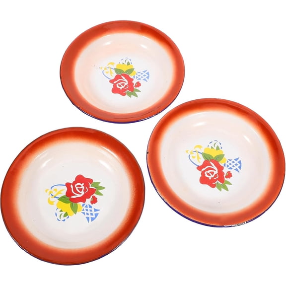 Vintage Enamel Snack Plates Set of 3, 16cm Floral Pattern Food Serving Tray, Retro Fruit Dish for Household Outdoor Use
