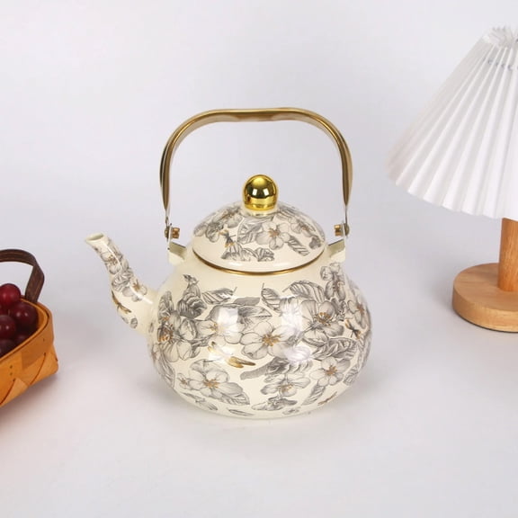 Vintage Enamel Tea Kettle, Ceramic Enamel Teapot Boiling Floral Tea Kettle Coffee Pot Porcelain Water Kettle for Stovetop Induction Cooker No Whistling