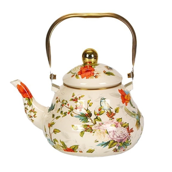 Vintage Enamel Tea Kettle, Colorful Porcelain Enamel Tea Kettle, Steel Teapot with Floral Pattern, Suitable for Stove and Induction
