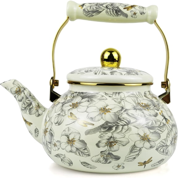 Vintage Enamel Tea Kettle, Dragonfly Floral Stovetop Teapot with Porcelain Handle 2.5L Enamel Kettle for Home/Camping/Tea Party, Ideal Christmas/Housewarming Gift
