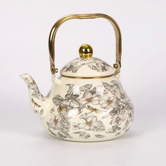 Vintage Enamel Tea Kettle, Floral Design Steel Teapot Hot Water Boiling Pot for Induction, Gas Stove, Wood Burning