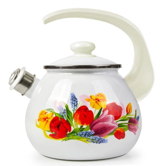 Vintage Enamel Tea Kettle with Whistle Spring Bouquet – Stovetop Teapot for Gas, Electric & Induction, 2.7 Qt