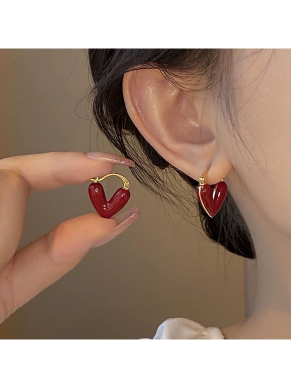 Vintage Enamel Wine Red Earrings for Women Ear Studs Flower Heart Shape Geometric Earrings New Year Wedding Party Jewelry Gifts