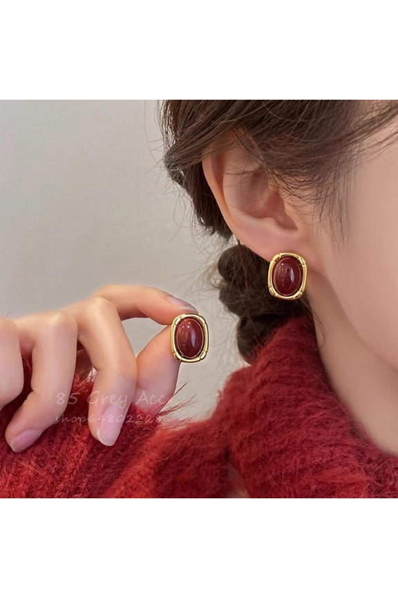 Vintage Enamel Wine Red Earrings for Women Fashion Square Stud Earring New Year Wedding Jewelry Accessories Christmas Gift